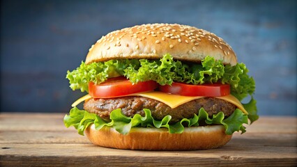 Eye level cheeseburger with sesame seed bun, beef patty, lettuce, and tomato