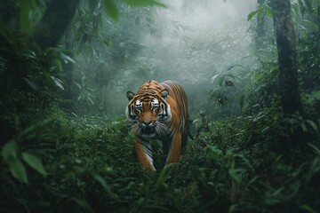 a bengal tiger prowling through a dense, misty rainforest, with towering trees and vibrant green fol