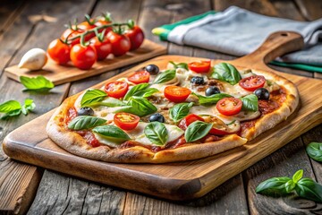 Eye Level Flatbread style pizza on wooden board