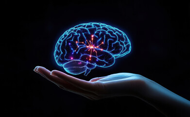 Poster - Human hand holding glowing polygonal brain on black background