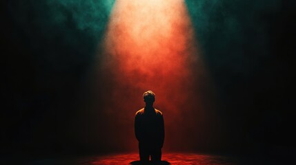 Aufkleber - In a dark room, a lone figure kneels under a spotlight, surrounded by deep, intense colors, evoking a sense of fear and tension. Generative AI