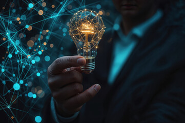 Aufkleber - Businessman holding illuminated light bulb with network connection concept of innovation and creativity idea