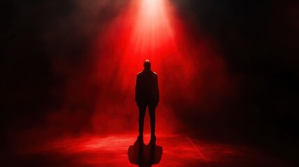 Aufkleber - In a dark room, a solitary figure is revealed by a spotlight, casting an atmosphere of fear and suspense with deep red and black colors. Generative AI