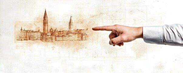 Hand Pointing at Cityscape Drawing   Urban Planning  Design  Architecture Concept