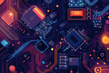 Poster - Abstract digital circuit board design with vibrant colors and intricate patterns.