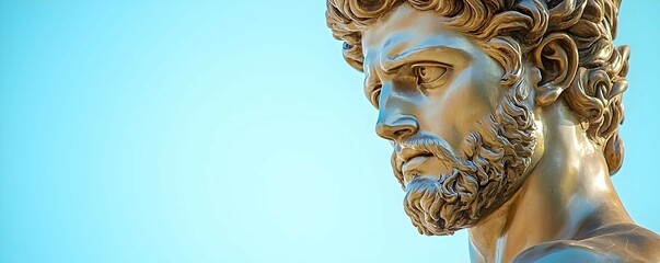 Close Up of a Bronze Statue of a Man Face Against a Blue Sky