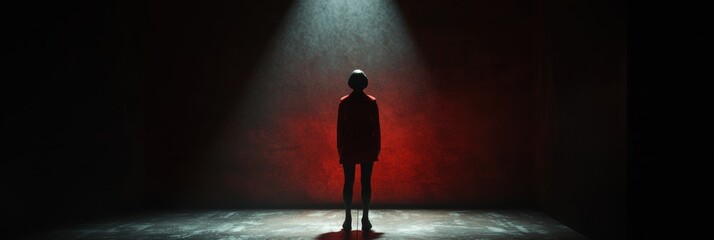 Aufkleber - In a darkened space, a lone figure is highlighted by a bright spotlight, surrounded by deep shadow and vivid colors that create tension. Generative AI