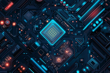 Poster - A vibrant digital circuit board with glowing components, illustrating technology and innovation.
