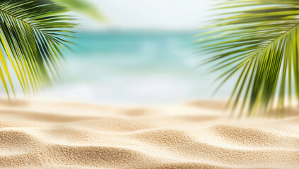 Wall Mural - Tropical beach sand with palm trees with blurred ocean background