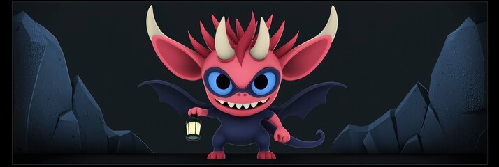 Sticker - Cute Cartoon Devil with Lantern in Dark Cave