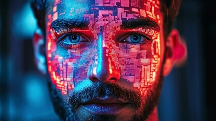 Leinwandbilder - The striking visual showcases a man with intricate digital patterns projected onto his face, surrounded by deep blue and vibrant red lighting.