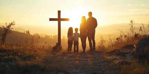 a family standing on meadow near cross during sunrise