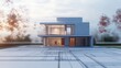 © Johannes - A beautiful modern home placed on an architectural blue print, transformation copy space.