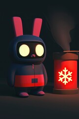 Canvas Print - Cute Bunny Robot in a Dark Room with a Snow Symbol