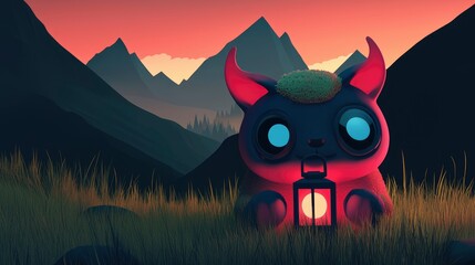 Canvas Print - Cute Demon Holding a Lantern in a Mountainous Landscape