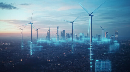 AI-driven energy grids balancing renewable energy sources for smart cities, optimizing electricity distribution and enhancing sustainability. The scene illustrates a modern urban landscape where intel