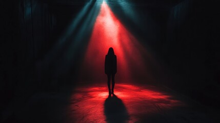 Aufkleber - A shadowy figure stands alone in a dimly lit space, surrounded by deep, intense colors evoking a chilling sense of fear and tension. Generative AI