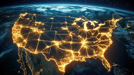 Poster - an image of the united states map with lines and connections, night photography, aerial view, light , internet , networks connections concept , space view , technology