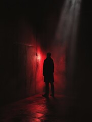 Aufkleber - A figure shrouded in darkness is caught in a single beam of light, surrounded by intense black and red tones, creating a suspenseful atmosphere. Generative AI