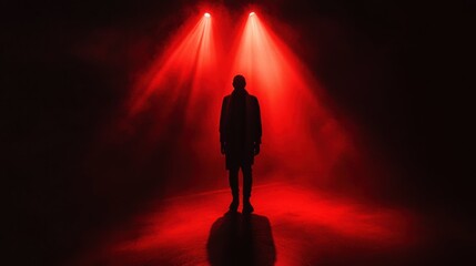 Aufkleber - In a dimly lit space, a single figure is highlighted by intense red lights, casting long shadows and evoking feelings of dread. Generative AI