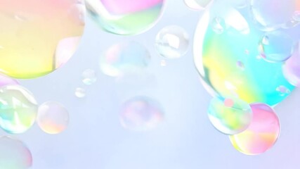 Poster - Multiple soap bubbles float gracefully in the air, displaying iridescent colors that transition from pink to blue. The scene captures a sense of beauty and magic in a delicate, dreamy atmosphere