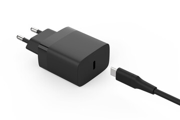 Black smartphone charger on a white background. Accessories for smartphones. 