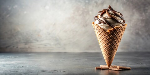 Eye level waffle cone with ice cream and chocolate topping on light background