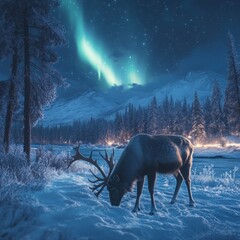 Canvas Print - A lone reindeer grazes in the snowy wilderness under a vibrant aurora borealis display.