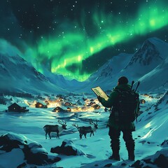 Canvas Print - A lone traveler with a map stands in a snowy valley with a small village and the aurora borealis in the sky.