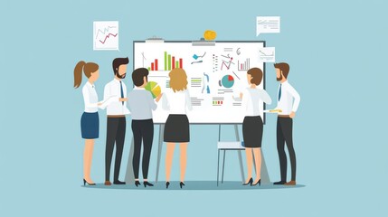 Poster - flat illustration of a business team planning their goals and strategies for the future