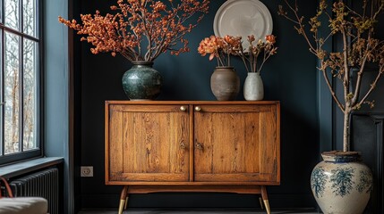 Wall Mural - A stylish wooden cabinet adorned with decorative vases and branches.