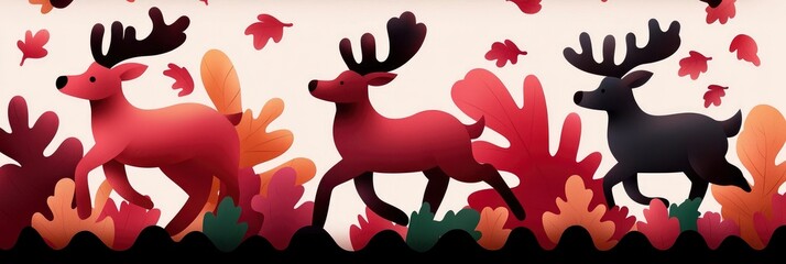 Canvas Print - Three Reindeer Walking Through Autumn Foliage