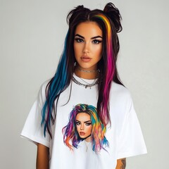 A woman with colorful hair wearing a white t-shirt with a picture of a woman's face on it