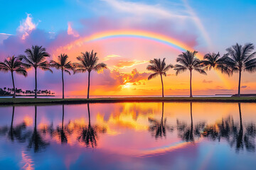 Canvas Print - palm tree and rainbow, AI generated