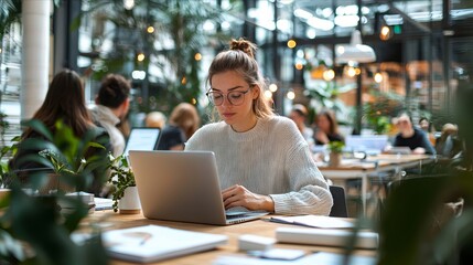 Poster - A woman sitting at a table using a laptop computer