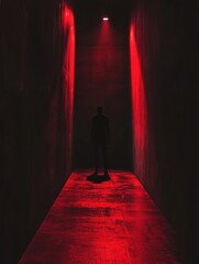 Aufkleber - In a dark corridor, a solitary figure is illuminated by a red spotlight, creating an atmosphere of tension and unease. Generative AI