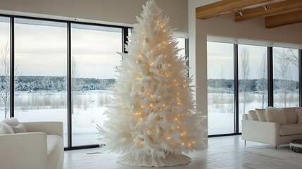 A crisp all-white Christmas tree adorned with only white decorations and feather accents, standing in a chic,