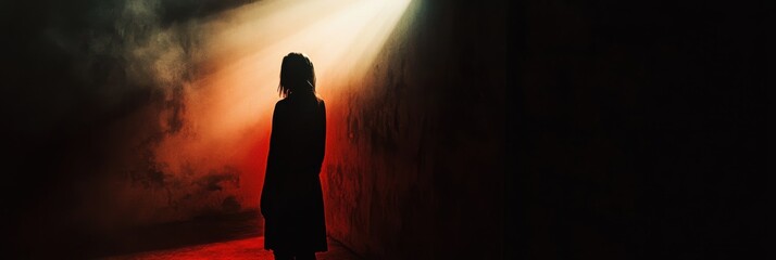 Aufkleber - In a dimly lit space, a solitary figure is highlighted by a bright spotlight, creating an intense atmosphere filled with suspense. Generative AI