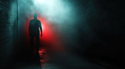Aufkleber - In a dimly lit space, a mysterious silhouette is illuminated by a single spotlight, casting an eerie atmosphere of suspense and fear. Generative AI