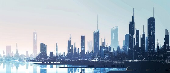 Wall Mural - A city skyline with a blue sky in the background