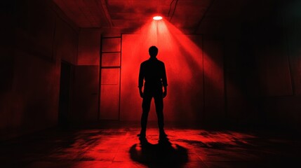 Aufkleber - A mysterious figure is illuminated by a solitary spotlight, creating an atmosphere of dread in a stark, shadowy environment. Generative AI