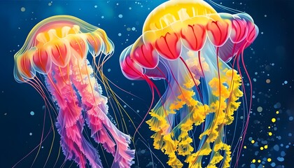 Wall Mural - Captivating Illustration of Vibrant Pink and Yellow Jellyfish Reflecting the Beauty and Mystery of Marine Life