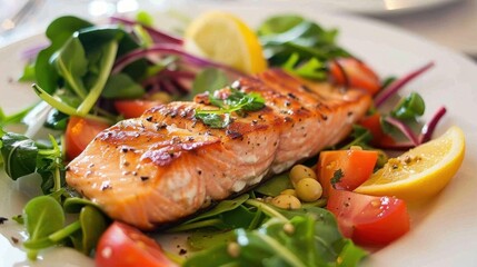 Wall Mural - Grilled Salmon Fillet on a Fresh Bed of Greens with Lemon Slices