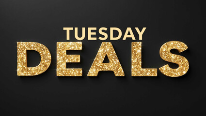 Tuesday deals word lettering with glitter gold shining effect on plain black background