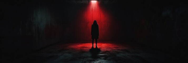 Aufkleber - In a dimly lit room, a lone figure emerges under a spotlight, surrounded by deep shadows and intense red hues, evoking fear and suspense. Generative AI