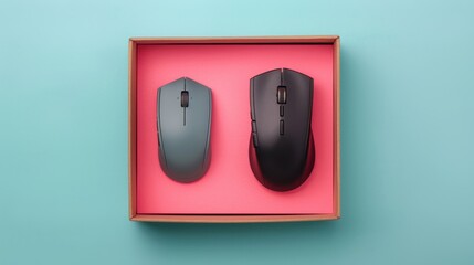 Two Computer Mice Inside a Gift Box on Blue Background