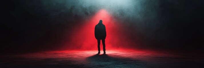 Aufkleber - A solitary figure emerges from darkness, shrouded in suspense, as intense colors of red and black create an eerie atmosphere. Generative AI