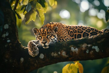 A jaguar resting on a tree branch in the Amazon rainforest, its sleek spotted coat blending with the dappled sunlight filtering through the canopy