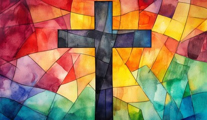 A colorful abstract watercolor painting of a cross, symbolizing the sacrifice of Jesus Christ. .