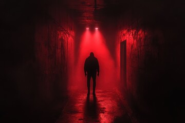 Aufkleber - In a dimly lit corridor, a solitary figure is showcased under a spotlight, surrounded by deep red and black hues that create an atmosphere of tension. Generative AI